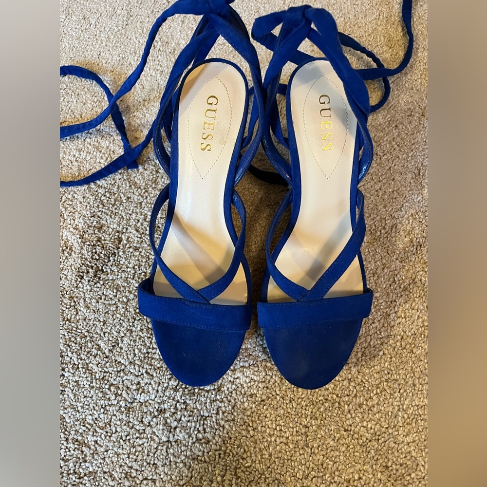 Bright blue Guess wedge tie heels